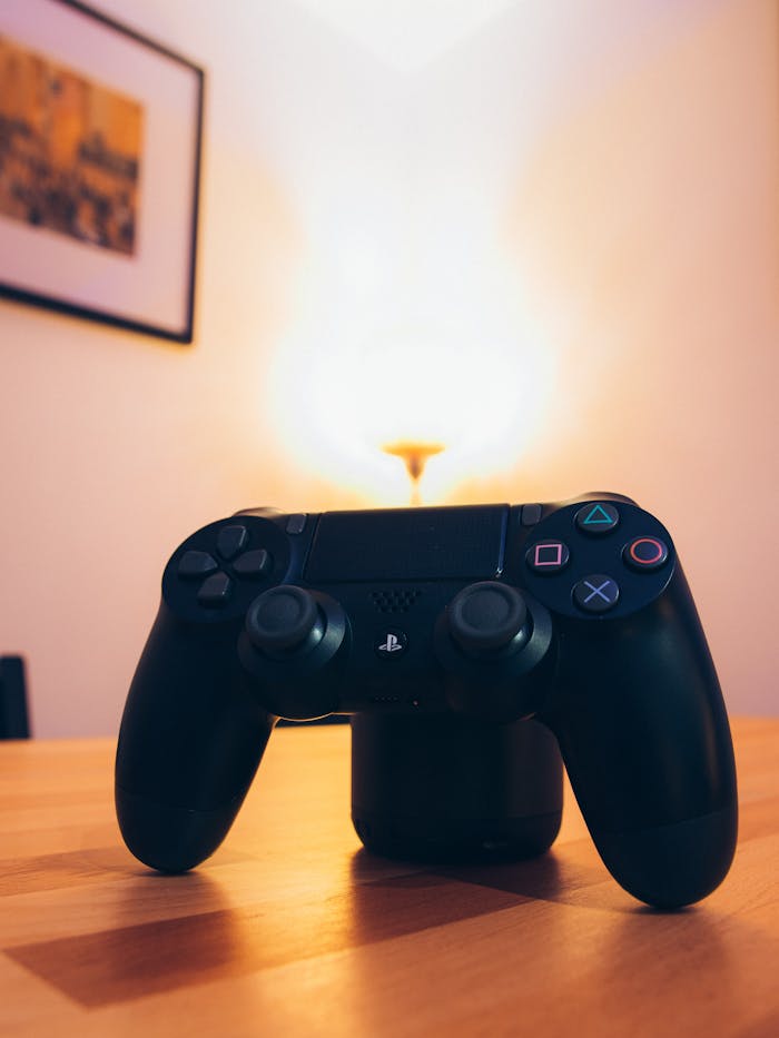 Close-up of a Sony PS4 wireless controller on a wooden table with warm lighting.