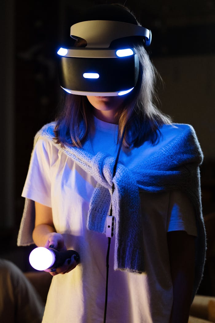 Offerings A young woman immersed in virtual reality gaming, wearing a VR headset and controller.