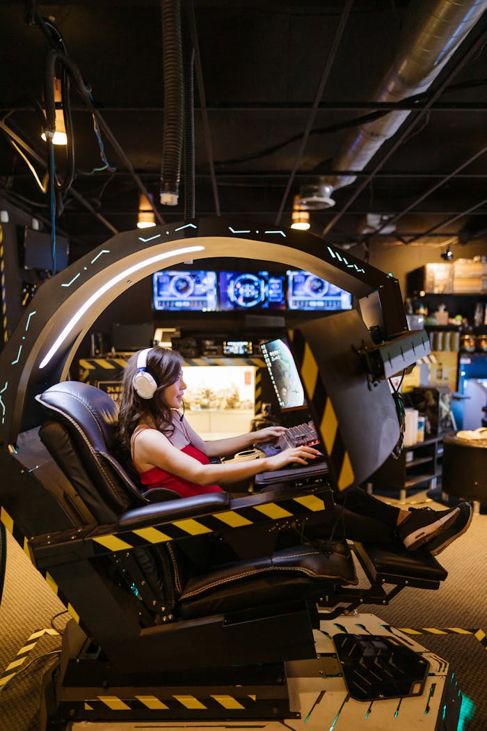 A woman immersed in a high-tech gaming experience, seated in a modern gaming chair indoors.